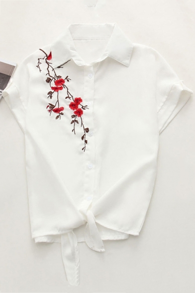 White Knot Front Floral Embroidered Short Sleeve Lapel Collar Button Down Shirt