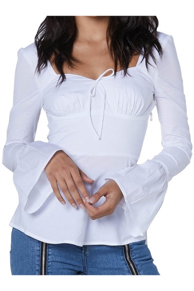 White Plain Square Neck Flare Long Sleeve Pleated Bow Front Fitted Blouse