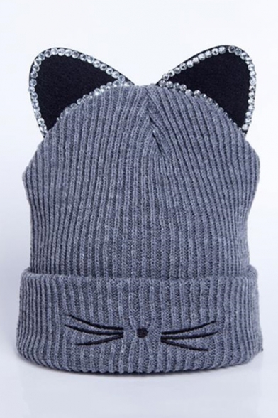 Winter's Fashion Beaded Embellished Ear Cartoon Cat Knitted Beanie Hat