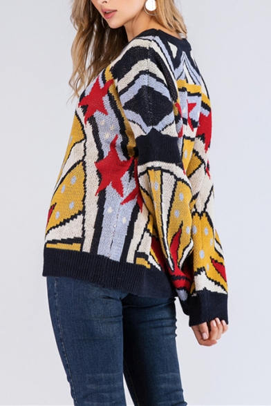 Winter's Vintage Colorblock Pattern Round Neck Long Sleeve Casual Cozy Yellow Sweater