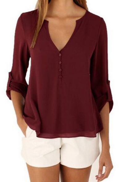 Women's Burgundy Solid V-Neck Cuffed Sleeve Button Placket Pullover Blouse