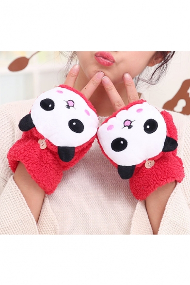 Women's Warm Wool Cartoon Panda Printed Fingerless Convertible Gloves