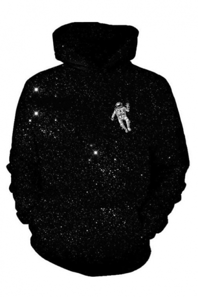 3D Galaxy Astronaut Printed Long Sleeve Black Relaxed Hoodie