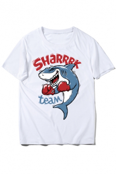 Animal Shark Letter SHARRRK TEAM Printed Round Neck Short Sleeve Fitted Tee