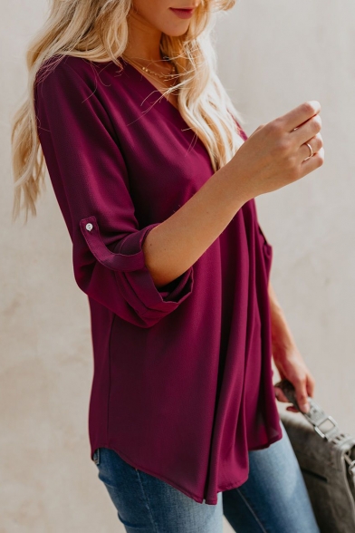 Basic Solid V-Neck Long Sleeve Loose Fitted Chiffon Blouse