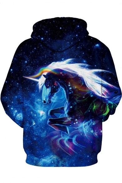 Blue 3D Unicorn Galaxy Printed Long Sleeve Relaxed Sports Unisex Hoodie