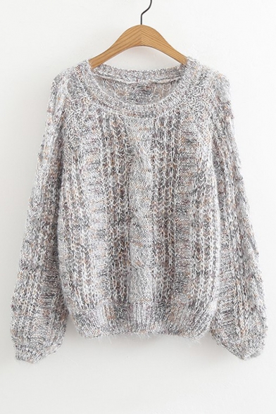 Cable Puff Long Sleeve Round Neck Leisure Mohair Sweater