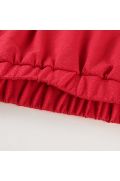 Chic V Neck Long Sleeve Plain Elastic Hem Cropped Red Sweatshirt
