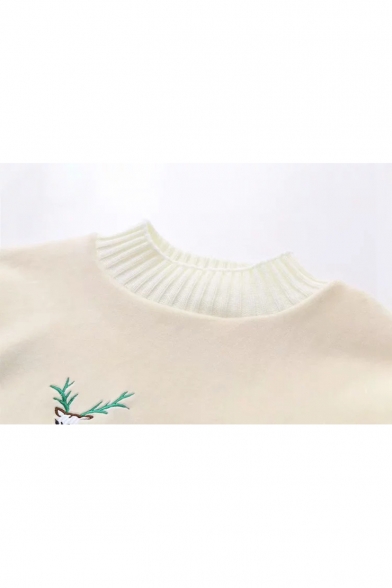 Crewneck Long Sleeve Cartoon Letter Deer Embroidered Pullover Warm-Up Sweatshirt