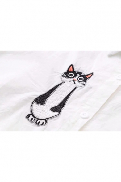 Cute Cartoon Cat Embroidered Lapel Collar Long Sleeve Button Front Shirt