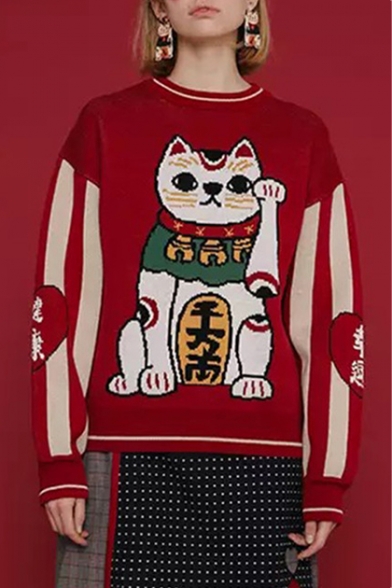 Cute Cartoon Cat Printed Long Sleeve Round Neck Red Thick Sweater