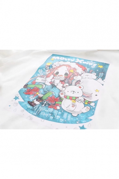 Cute Christmas Girl Printed Long Sleeve Pom Pom Embellished Hoodie