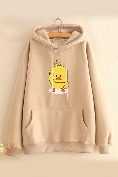 Dark Pink Cotton Chick Cartoon Print Long Sleeves Pullover Hoodie with Pocket