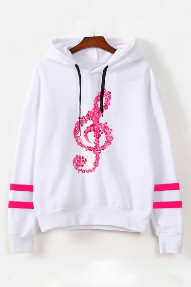 Fashion Musical Note Print Striped Long Sleeve Relaxed Hoodie