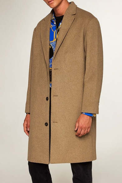 Fashion Popular Long Sleeve Notched Lapel Collar Plain Single Breasted Tunics Woolen Coat