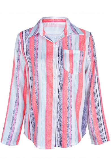 Fashion Striped Long Sleeve Lapel Collar Pink Button Down Shirt