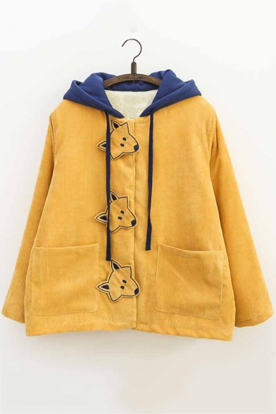 Fresh Fox Embroidered Single Breasted Colorblock Corduroy Hooded Coat