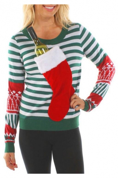 Funny Christmas Red Boot Patched Green Striped Print Round Neck Long Sleeve Sweater