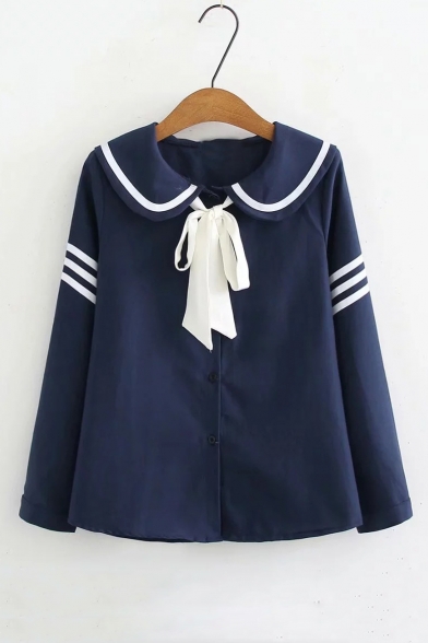 Girls' Lovely Bow-Tied Navy Collar Striped Pattern Long Sleeve Button Shirt