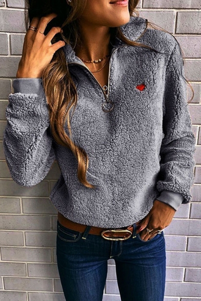 Heart Embroidered Long Sleeve Half Zip Embellished Fleece Sweatshirt