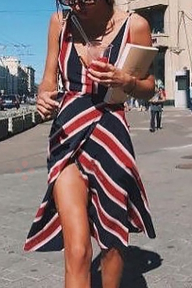 Hot Popular Plunge Neck Classic Blue and Red and White Striped Printed Midi A-Line Slip Dress
