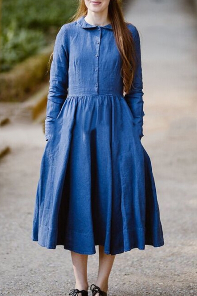 Ladies New Stylish Lapel Collar Long Sleeve Button Front Blue Cotton-Linen Midi A-Line Pleated Dress