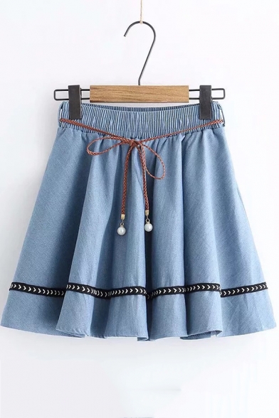 New Fashion Elastic Waist Pearl Belt Mini A-Line Skirt