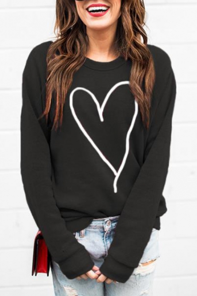 New Trendy Heart Pattern Round Neck Long Sleeve Pullover Loose Sweatshirt