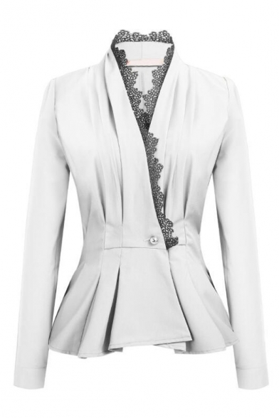 New Trendy Lace-Trimmed Lapel Collar Long Sleeve Single Button Front Slim Fitted Blazer