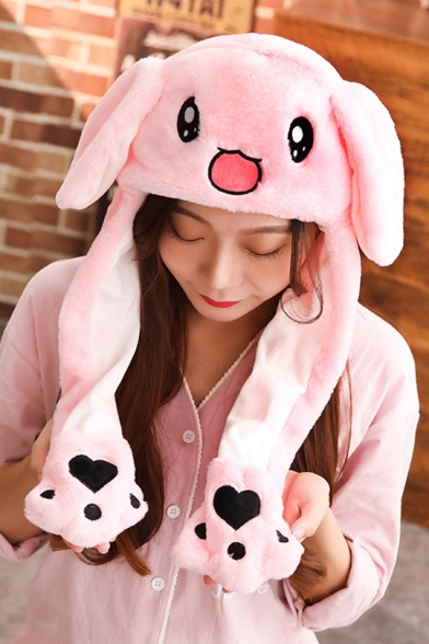 Plush Warm Cute Cartoon Rabbit Printed Ear Popping Up Funny Pink Bunny Hat