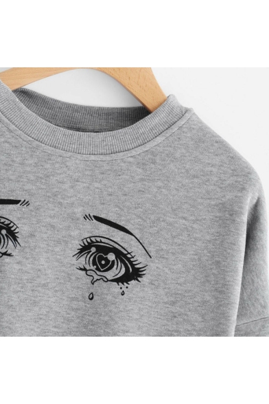 Round Neck Long Sleeve Eye Printed Loose Gray Sweatshirt