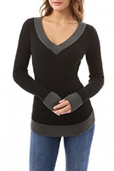 Sexy V Neck Long Sleeve Contrast Trim Slim Sweater