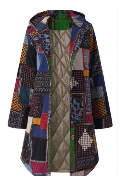 Single Breasted Long Sleeve Plaid Printed Longline Loose Hooded Coat