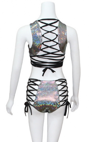 Summer's Hot Fashion Colorful Sequined Cut-Out Back Cropped Tank Sexy Lace-Up Side Silver Swimwear