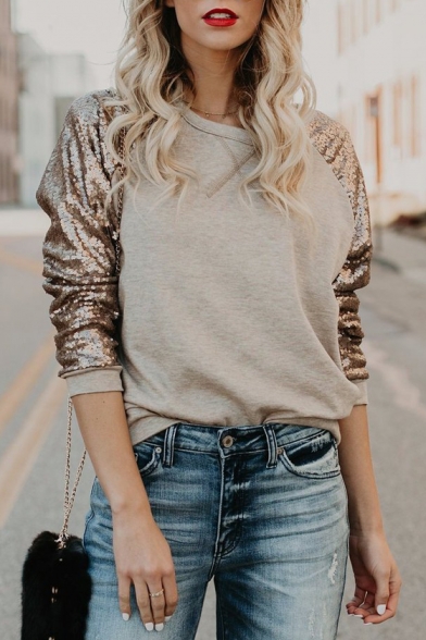 Trendy Sequined Patched Long Sleeve Round Neck Casual Loose Khaki Sweatshirt