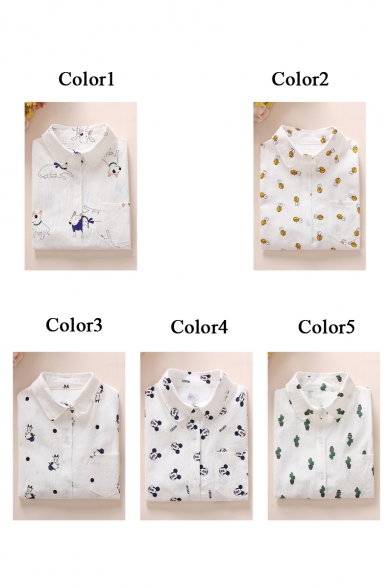 White All Over Cartoon Cactus Pattern Long Sleeve Lapel Collar Button Down Shirt