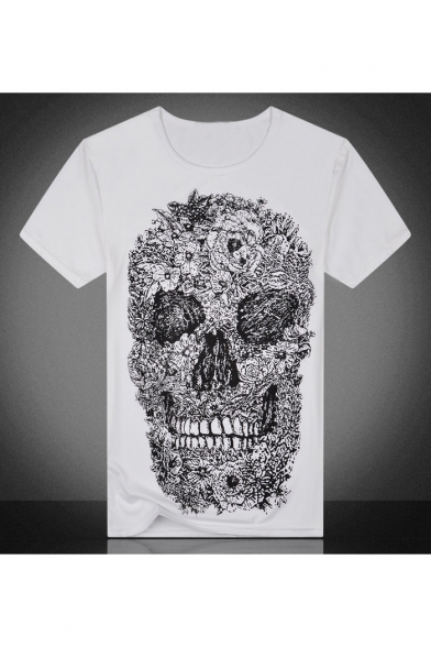 

White Trendy Skull Pattern Round Neck Short Sleeves Summer Tee, Black;white, LC496825