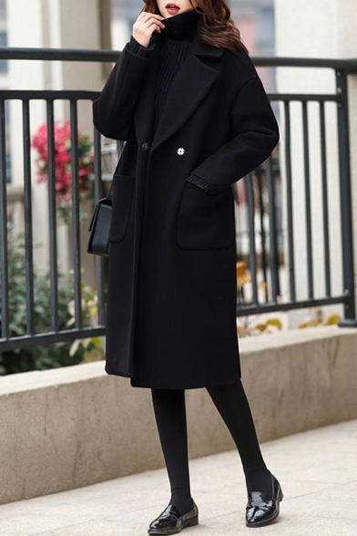 Winter's New Trendy Long Sleeve Plain Notched Lapel Collar Double Button Woolen Coat