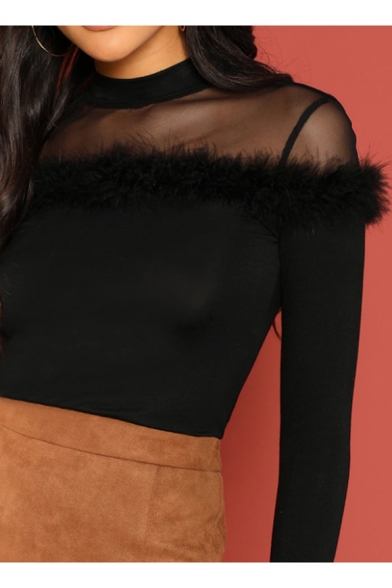 Women's Sexy Sheer Mesh-Paneled Fur-Trimmed Mock Neck Long Sleeve Black Slim T-Shirt