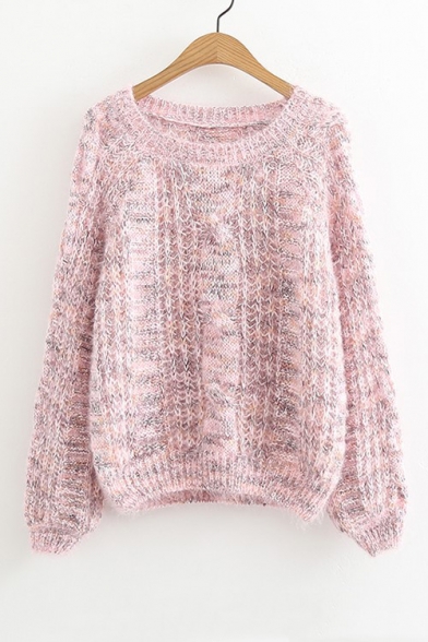 Cable Puff Long Sleeve Round Neck Leisure Mohair Sweater