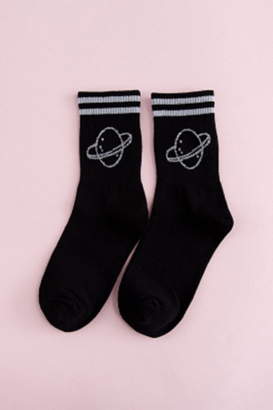 Calf High Striped Universe Printed Cotton Warm Sock