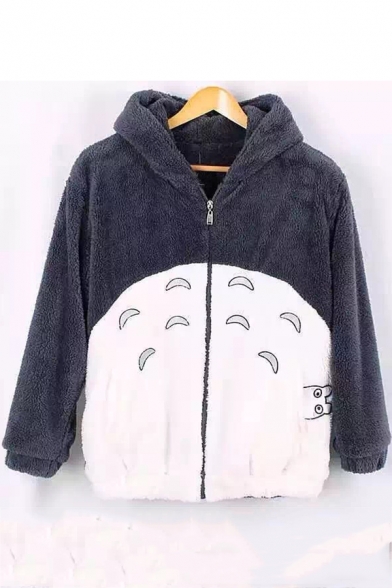Cartoon Totoro Pattern Fashion Colorblock Long Sleeve Zip Up Gray Fleece Hoodie