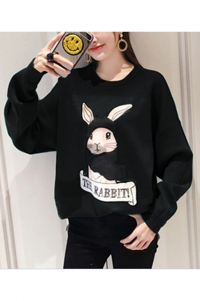 Casual Long Sleeve Round Neck Cartoon Bunny Letter Printed Soft Sweatshirt