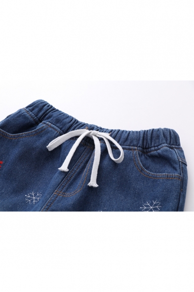 Chic Christmas Deer Embroidered Elastic Waist Thick Jeans
