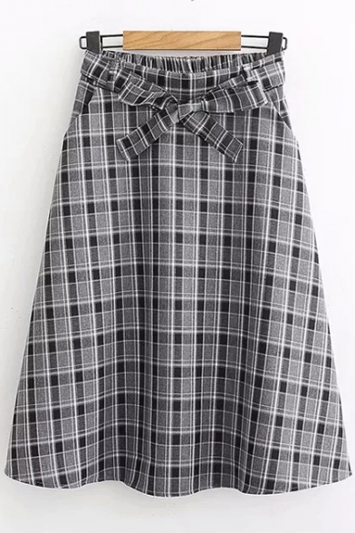 

Cut Bow Belt Elastic Waist Plaid Midi A-Line skirt, LC498223, Pink;apricot;coffee;grey