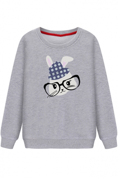 Cute Cartoon Rabbit Contrast Trim Long Sleeve Round Neck Loose Sweatshirt