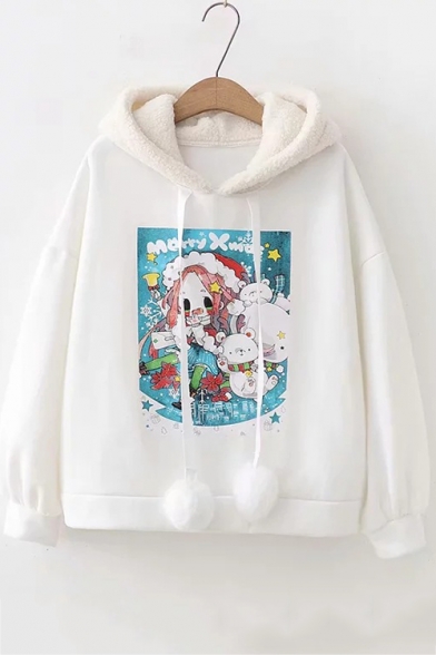 Cute Christmas Girl Printed Long Sleeve Pom Pom Embellished Hoodie