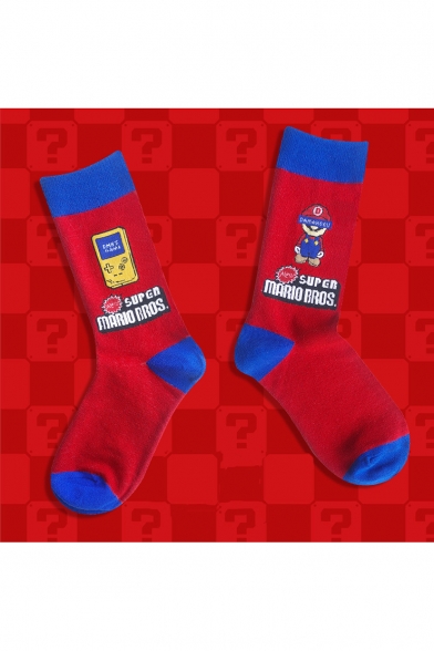 Cute Super Mario Letter Printed Cotton Calf High Unisex Red Socks