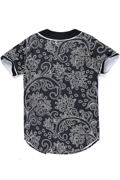 Fashion Black Button Down Short Sleeve Baseball Shirt