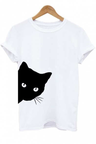 Fashion Round Neck Short Sleeve Cartoon Cat Printed Leisure Tee